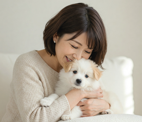 女性が白い子犬を抱いている写真